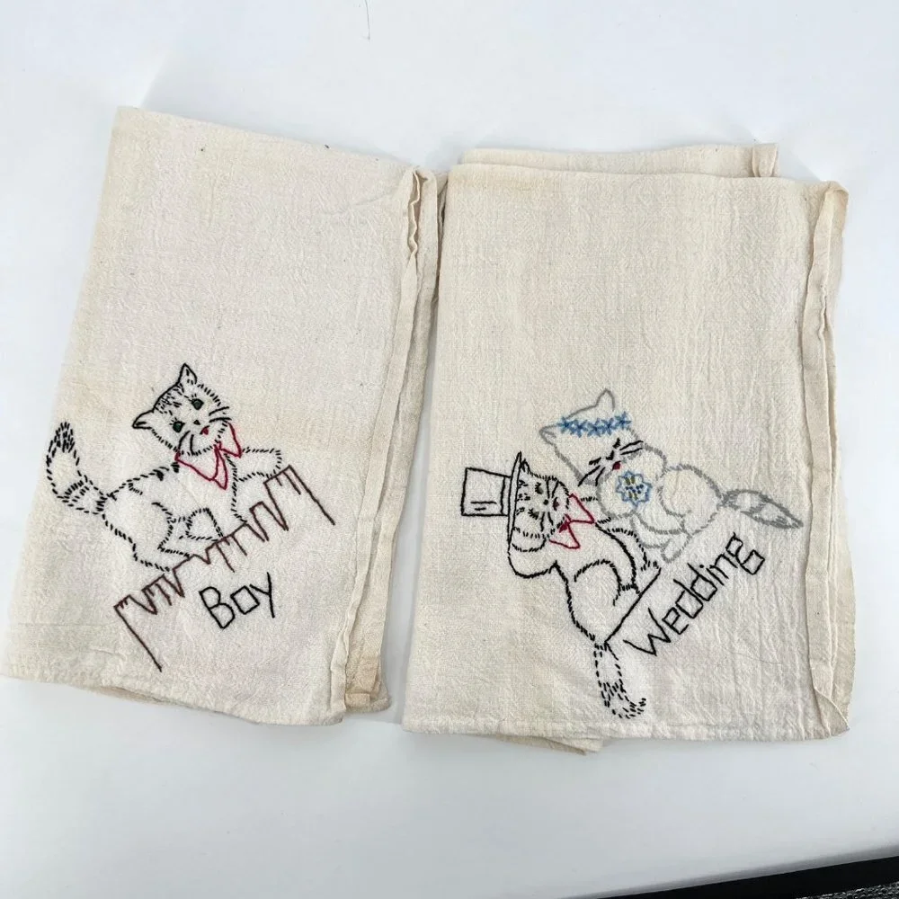 Vintage Hand Embroidered Natural Undyed Cotton Tea Cloth or Heavy Towels Wedding